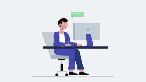 Animated Character Working on Computer in Flat Design Style