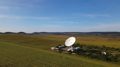 Aerial Panoramic View on the Space Communication Station with Large Size Antenna Drone is Flying