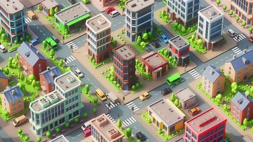 Volando sobre una ciudad moderna de dibujos animados en 3D