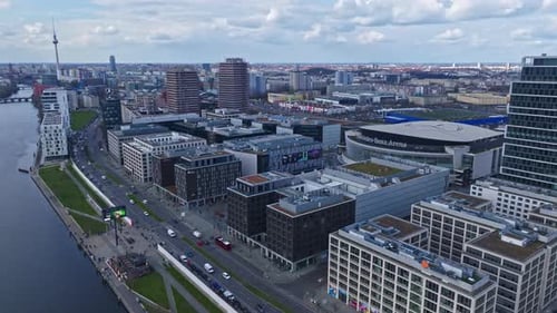 Aerial view of modern buildings on the bank of spree river , Berlin