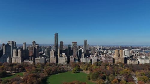 Aerial video above skyscrapers and skyline in Manhattan, New York