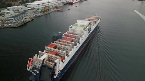 Aerial View of a Container Ship Entering the Port of Halifax in Cloudy Weather