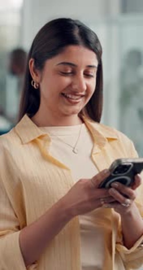 Social media, break or happy woman with phone in office, funny text message