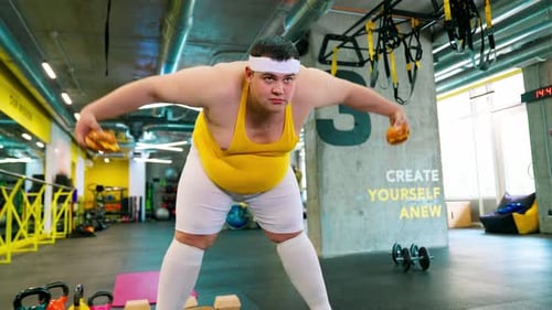 Man Working Out in Gym with Burgers