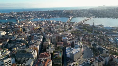 Aerial view of Galata Tower and bridges, Turkiye.