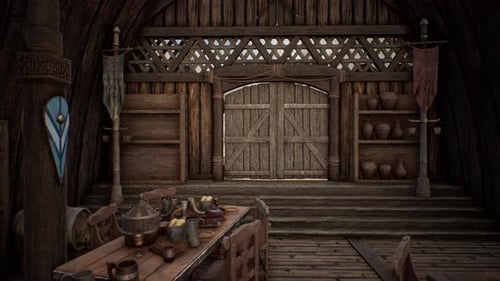 Detailed Viking Longhouse Interior Fly Through with Historical Decor