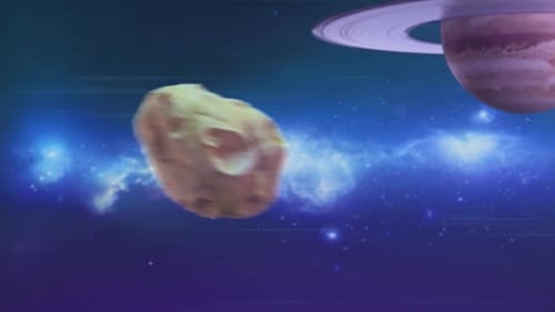 3D-Renderanimation von Saturn, Sternenhimmel, Milchstraßennebel und fliegenden Asteroiden mit Kratern