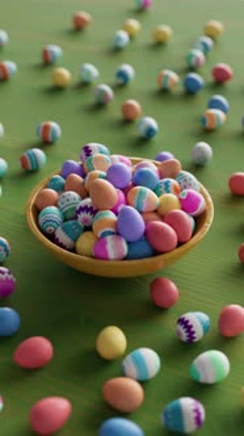 Bowl filled with colorful decorated Easter eggs on green table with scattered pastel eggs