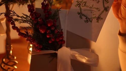 Wrapped Gift with Christmas Card Near Christmas Tree