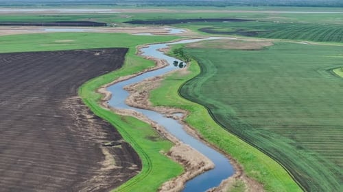 Fields Sown With Agricultural Crops Are Separated By A River