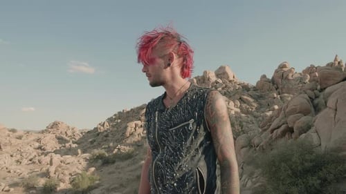 A young man with vibrant red hair and a punk aesthetic stands amidst a rocky desert landscape