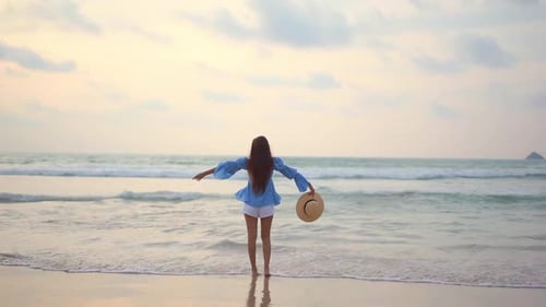 Back of excited lonely female raising hands at sandy beach in front of sea waves and horizon, slow m