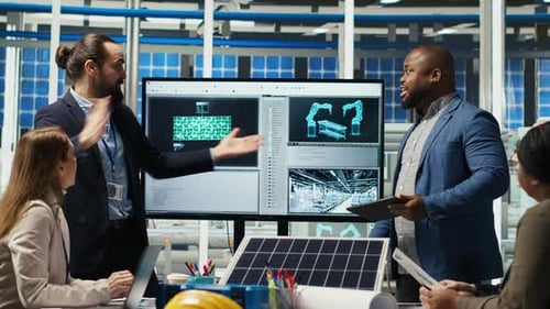 Empresários felizes na fábrica de painéis solares comemorando o aumento das vendas dançando