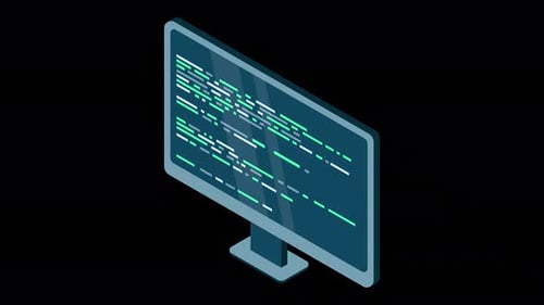 Isometric Computer Monitor Displaying Programming Code Animation Loop