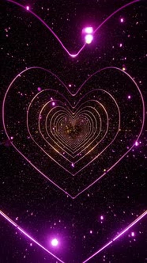 Vertical yellow and pink heart shape tunnel with glow particles endless 3d render. Abstract