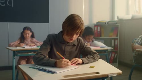 Focused student diligently writing in notebooks at elementary school classroom