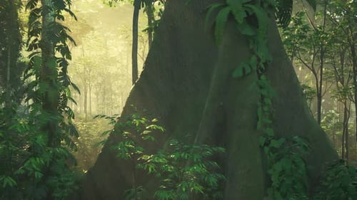 Juicy Lush Foliage of Tropical Trees in Sunny Jungle Forest