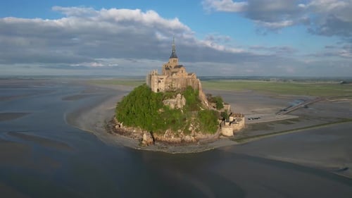 Mont Saint Michel, Normandy France island Monastery at low tide with causeway