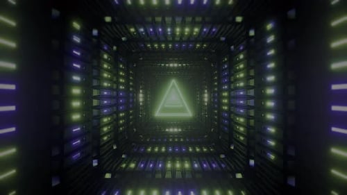 Futuristic neon tunnel with glowing triangle centerpiece