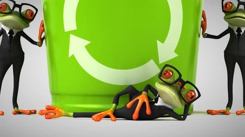 Lustige grüne Cartoon-Frösche, die Müll recyceln