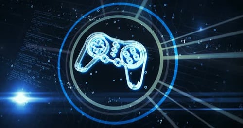 Concepto digital 3D con el símbolo de la consola de juego y el joystick