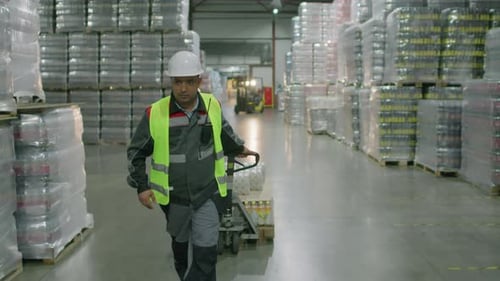 Warehouse Specialist Rearranging Pallet with Drinks