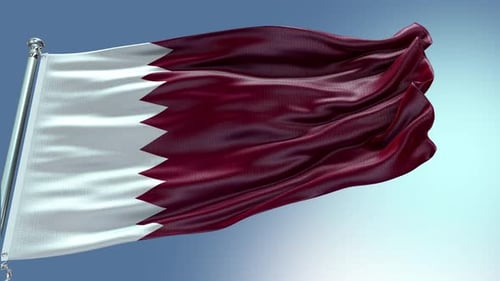 Realistic Waving Qatar Flag Animation on Pole Against Blue Sky