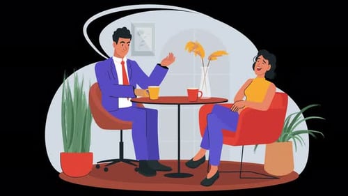 Casual conversation between two people in a cozy setting.