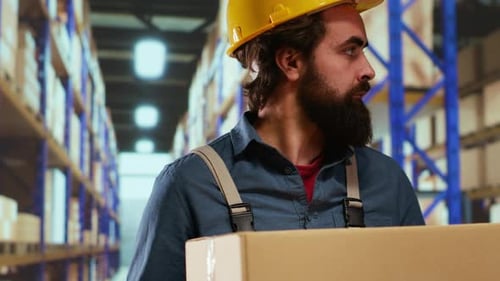 Responsable des exportations transportant des colis depuis des rayonnages
