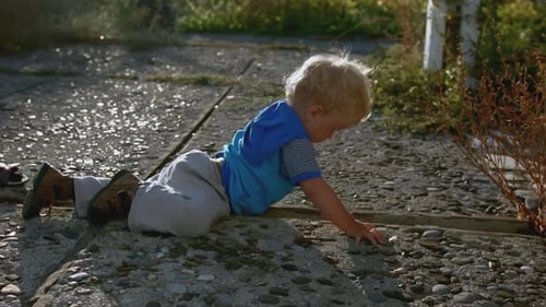 Child Crawling on Paved Ground Outside in Sunlight