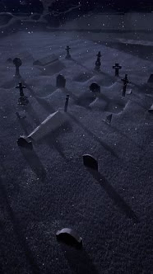 An old abandoned cemetery with empty graves next to ancient ruins. Halloween. 3D rendering.