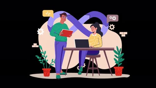 Pair of individuals collaborating on a project in an office setting