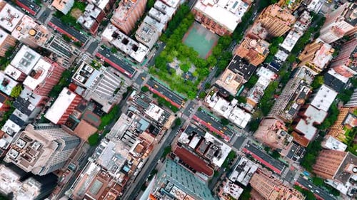 Blocks and streets of modern metropolis. Drone footage high above the cityscape