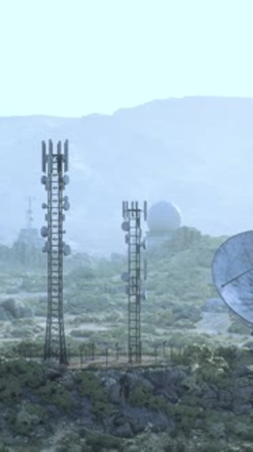 An Array of Surveillance Antennas in a Grassy Field at an Observatory