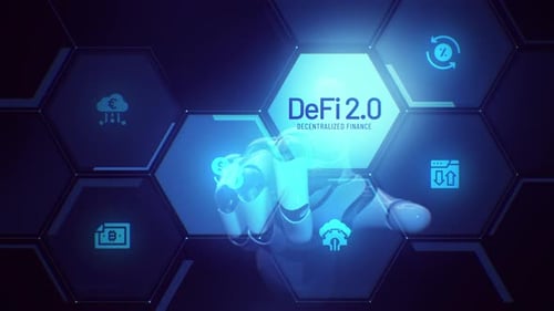 Defi 2.0 decentralized finance touch screen animation