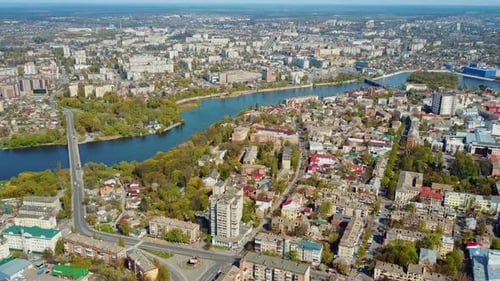 Aerial cityscape view. Aerial birds eye view of city with river