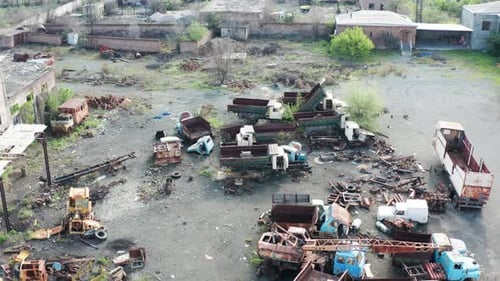 Old, big cars scrap. Recycling of old heavy machines.
