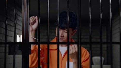 Close Up Of Prisoner With Broken Handcuffs Screaming Goal Celebrating In Prison