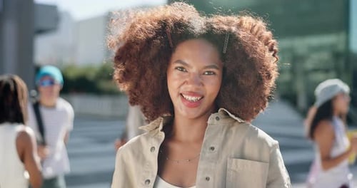 Face, woman and student smile at college for education, learning and knowledge at campus building