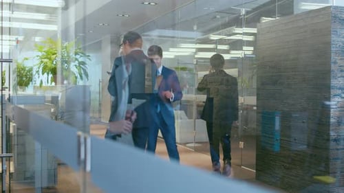 Business People Walking and Talking in the Hallway, Top Manager and Businesswoman Have Conversation