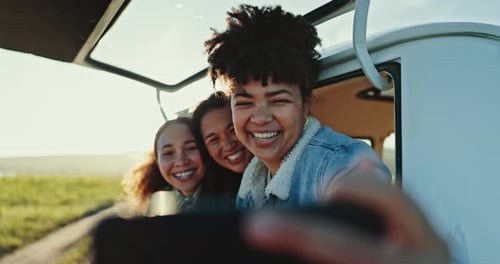 Happy, road trip and friends smile for selfie, phone or adventure in countryside with women