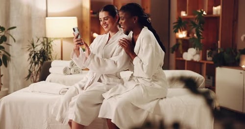 Women, friends and smile at spa with selfie for social media, post and profile picture with bonding