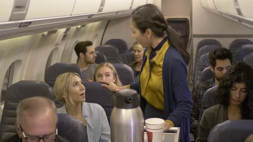 Flight Attendant Talking With Passenger In Airplane