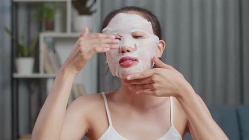 Close Up Of Asian Woman Applying Sheet Facial Mask And Smiles To Camera