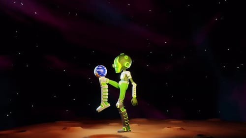 3D Alien juggles Earth like a football ball