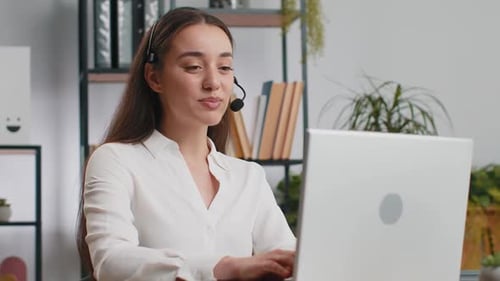Businesswoman Working on Laptop Wearing Headset Call Center Support Service Operator Office Helpline