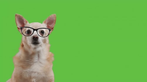 Chihuahua Dog with Glasses Against Green Screen