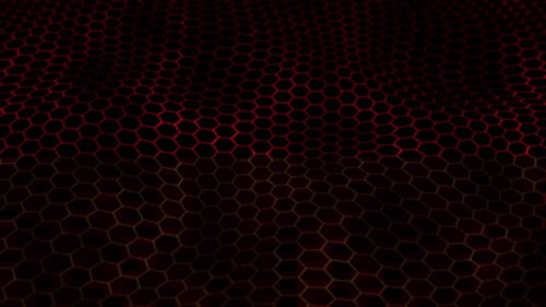 Beleuchtetes rotes Wabenfeld mit leuchtendem sechseckigem Gittermuster, das auf dunklem Hintergrund schwebt