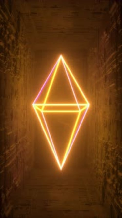 Neon Glowing Abstract Diamond Rotation in Dark Tunnel