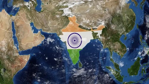 India map with India flag, zooming in into the space through a photo real globe